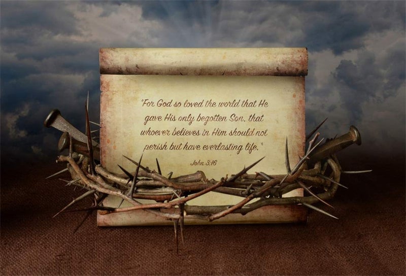 AOFOTO 5x3ft Holy Bible Story Parchment Backdrop Crown Thorns Nails Vintage Paper Scripture Christ Child Jesus Birth Manuscript Background for Photography Christian Church Religious Photo Studio Prop - Image 1